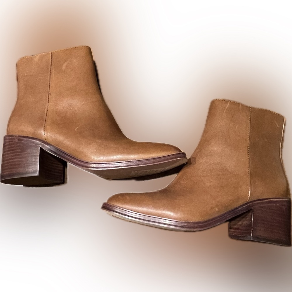 Leather Tan Heel Boots Square Toe Womens